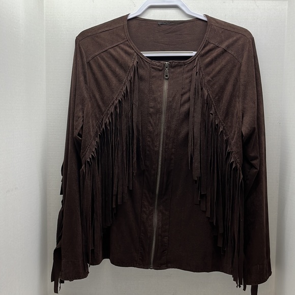 Fringe, light suede feel jacket, large-ext large, zipper front, dark brown - Picture 6 of 12